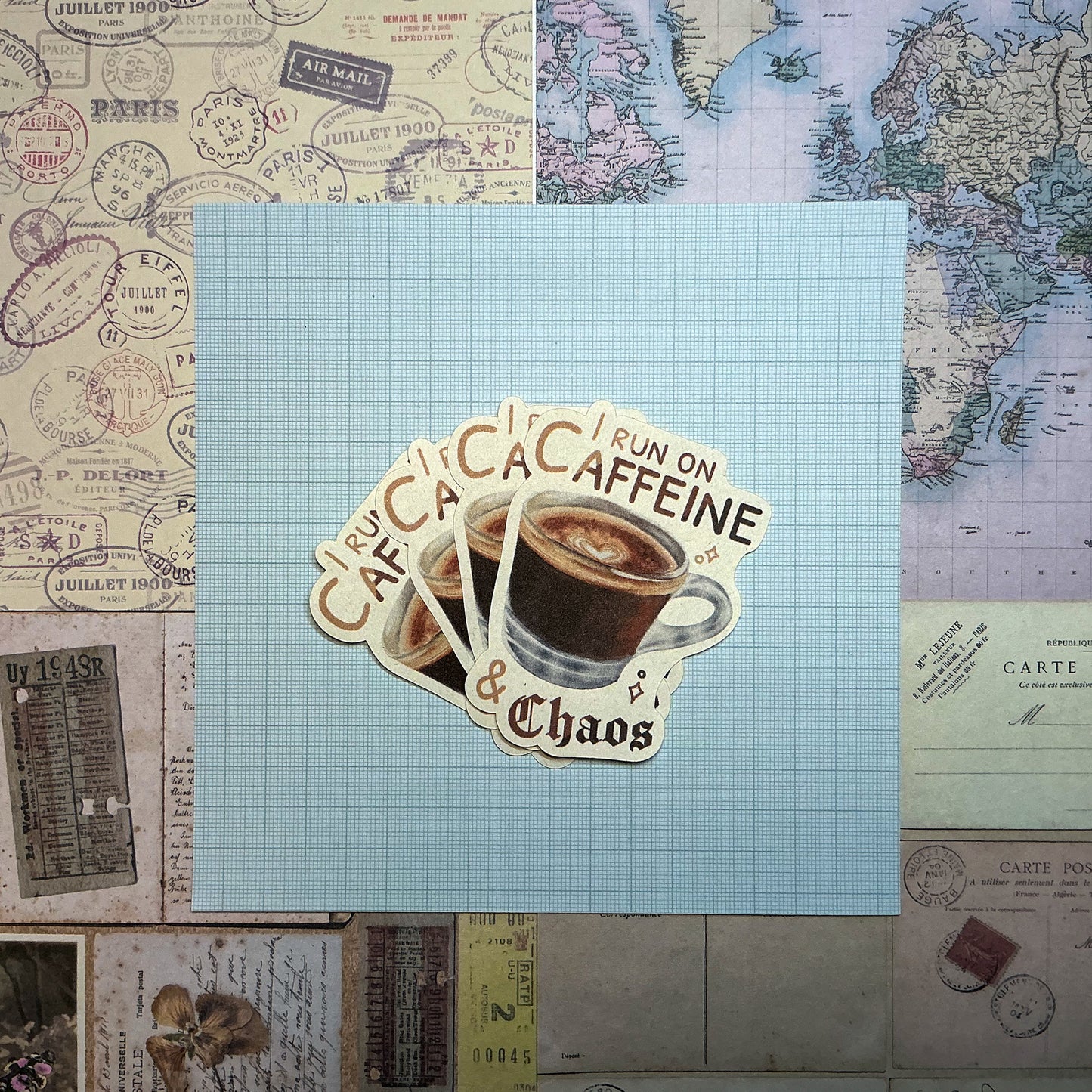 I Run On Caffeine & Chaos Die-Cut Sticker. This handmade coffee sticker features a hand drawn watercolor espresso shot with the words 'I run on caffeine & chaos'. Approximate size (WxH): 3 x 2.4 in. 100% Compostable, Biodegradable, and Recyclable. Printed with water-based ink on Compostable Natural Sugarcane Sticker Paper. Suitable for Home Compost Systems. NOT water resistant or waterproof.