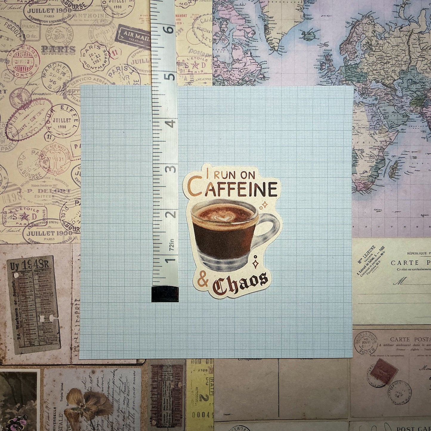 I Run On Caffeine & Chaos Die-Cut Sticker. This handmade coffee sticker features a hand drawn watercolor espresso shot with the words 'I run on caffeine & chaos'. Approximate size (WxH): 3 x 2.4 in. 100% Compostable, Biodegradable, and Recyclable. Printed with water-based ink on Compostable Natural Sugarcane Sticker Paper. Suitable for Home Compost Systems. NOT water resistant or waterproof.