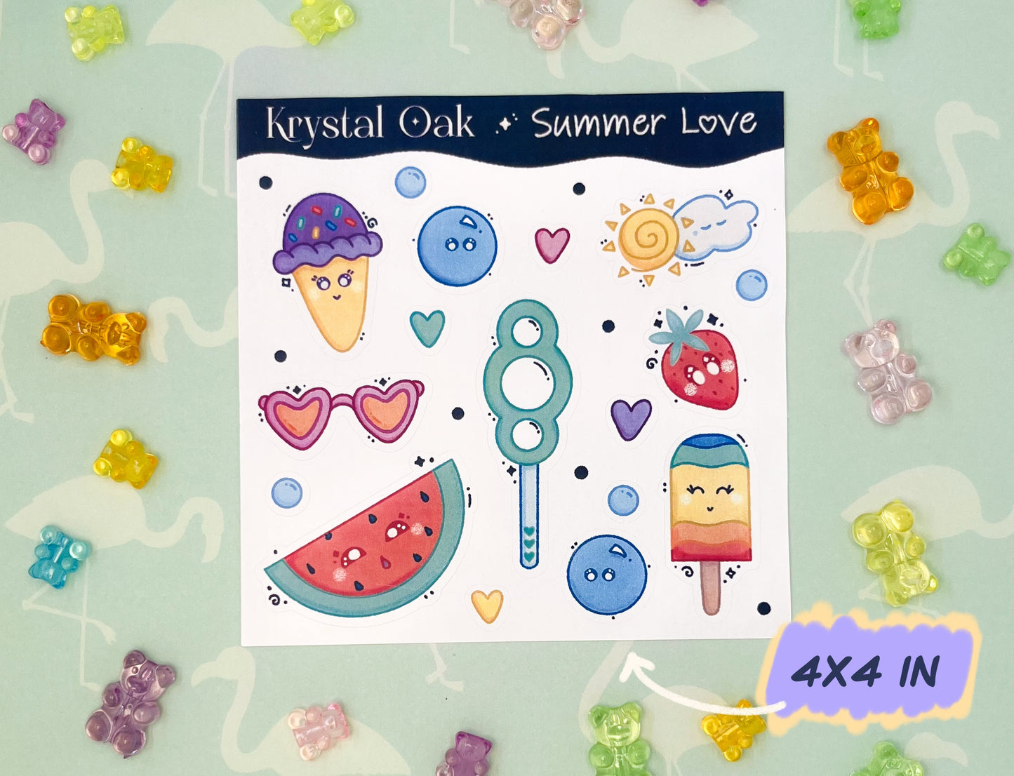 Kawaii Summer Sticker Sheet. Hand drawn & handmade. Approximate size (WxH): 4 x 4 in. 100% Compostable, Biodegradable, and Recyclable. Printed on Compostable White Sticker Paper. Suitable for Home Compost Systems. NOT water resistant, waterproof, or scratch resistant.