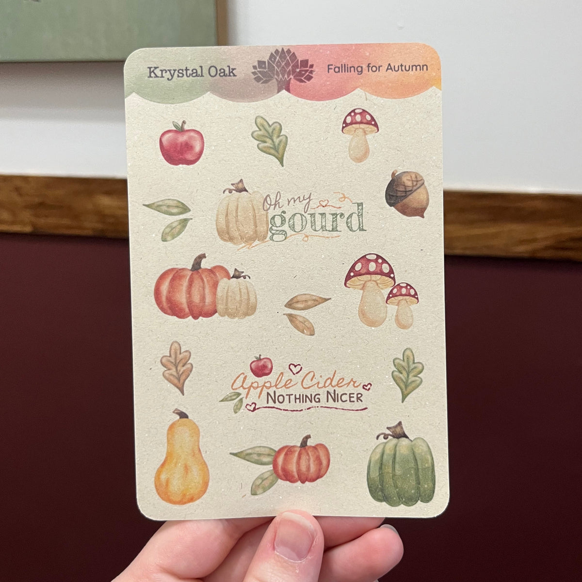Falling for Autumn sticker sheet with cute fall sayings, pumpkins, leaves, acorns, and mushrooms