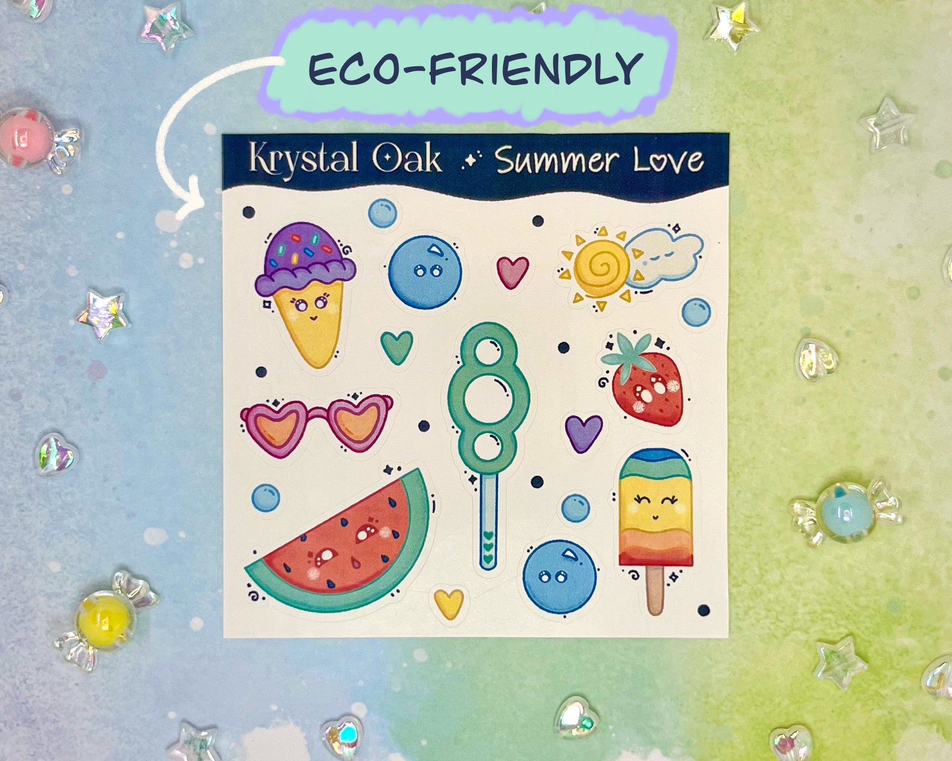 Kawaii Summer Sticker Sheet. Hand drawn & handmade. Approximate size (WxH): 4 x 4 in. 100% Compostable, Biodegradable, and Recyclable. Printed  on Compostable White Sticker Paper. Suitable for Home Compost Systems. NOT water resistant, waterproof, or scratch resistant.