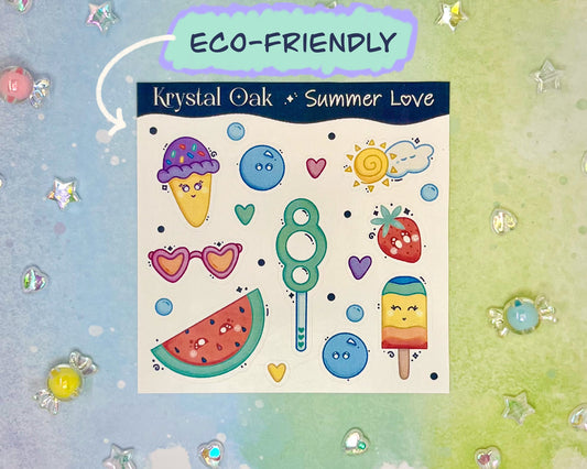 Kawaii Summer Sticker Sheet. Hand drawn & handmade. Approximate size (WxH): 4 x 4 in. 100% Compostable, Biodegradable, and Recyclable. Printed  on Compostable White Sticker Paper. Suitable for Home Compost Systems. NOT water resistant, waterproof, or scratch resistant.