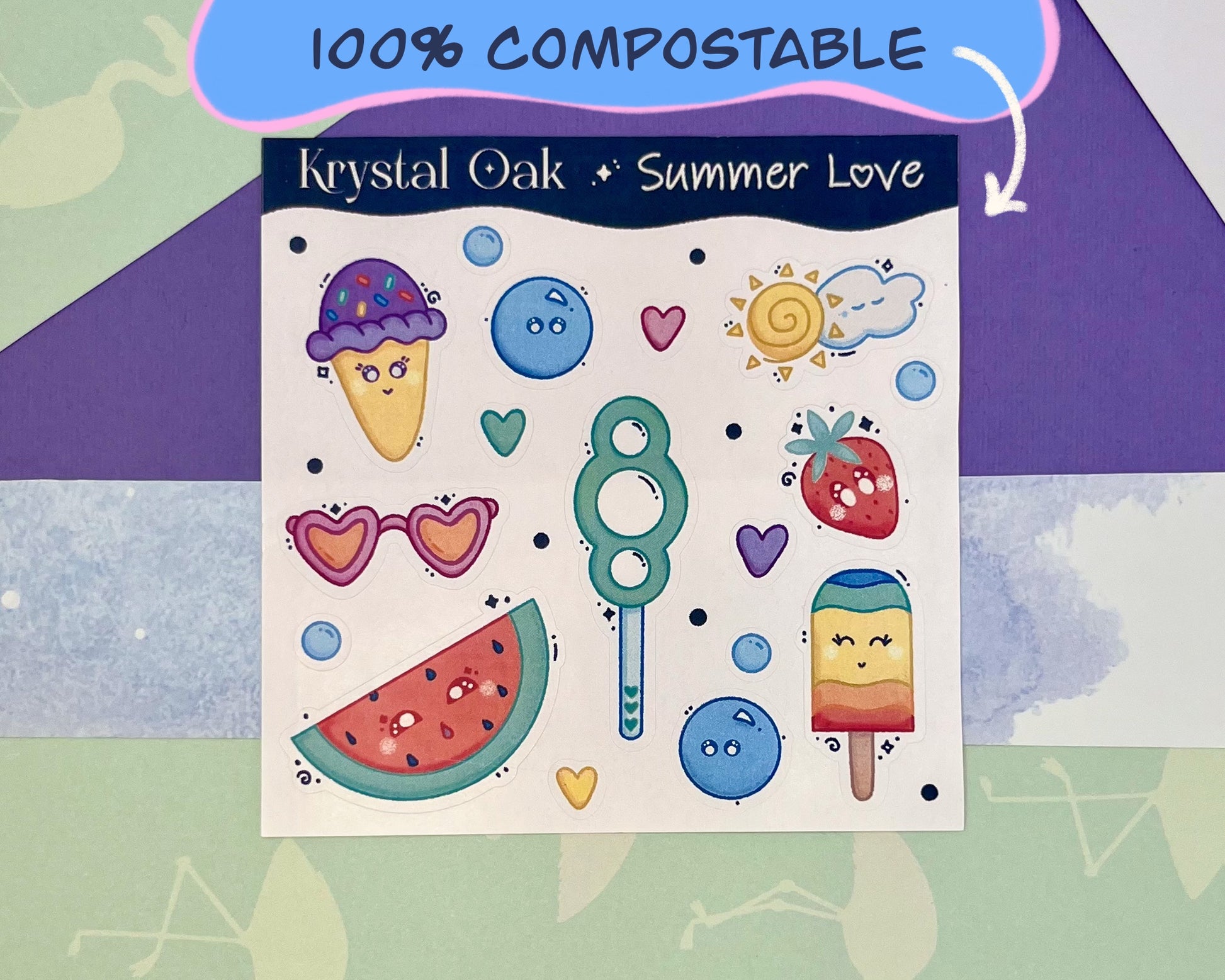 Kawaii Summer Sticker Sheet. Hand drawn & handmade. Approximate size (WxH): 4 x 4 in. 100% Compostable, Biodegradable, and Recyclable. Printed  on Compostable White Sticker Paper. Suitable for Home Compost Systems. NOT water resistant, waterproof, or scratch resistant.