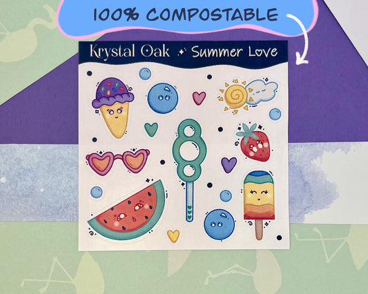 Kawaii Summer Sticker Sheet. Hand drawn & handmade. Approximate size (WxH): 4 x 4 in. 100% Compostable, Biodegradable, and Recyclable. Printed  on Compostable White Sticker Paper. Suitable for Home Compost Systems. NOT water resistant, waterproof, or scratch resistant.