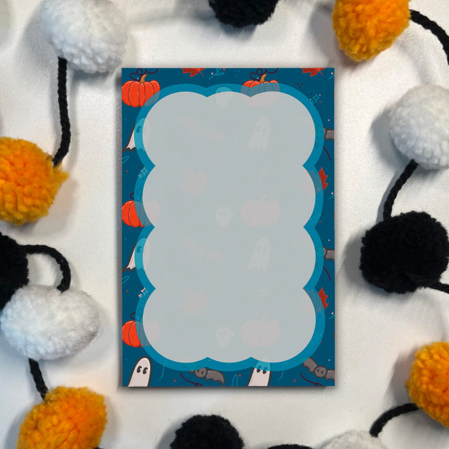 Patterned Halloween Notepad with ghosts, pumpkins, and bats
